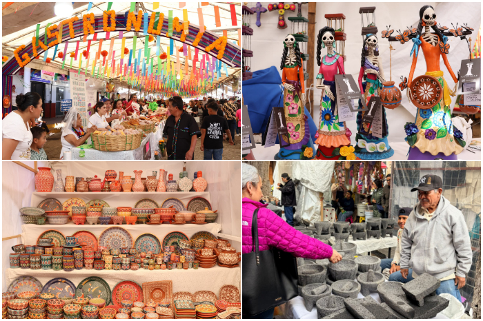 Artesanías y catrinas de barro exhibidas en los tianguis de Pátzcuaro y Capula durante la temporada de Noche de Muertos.